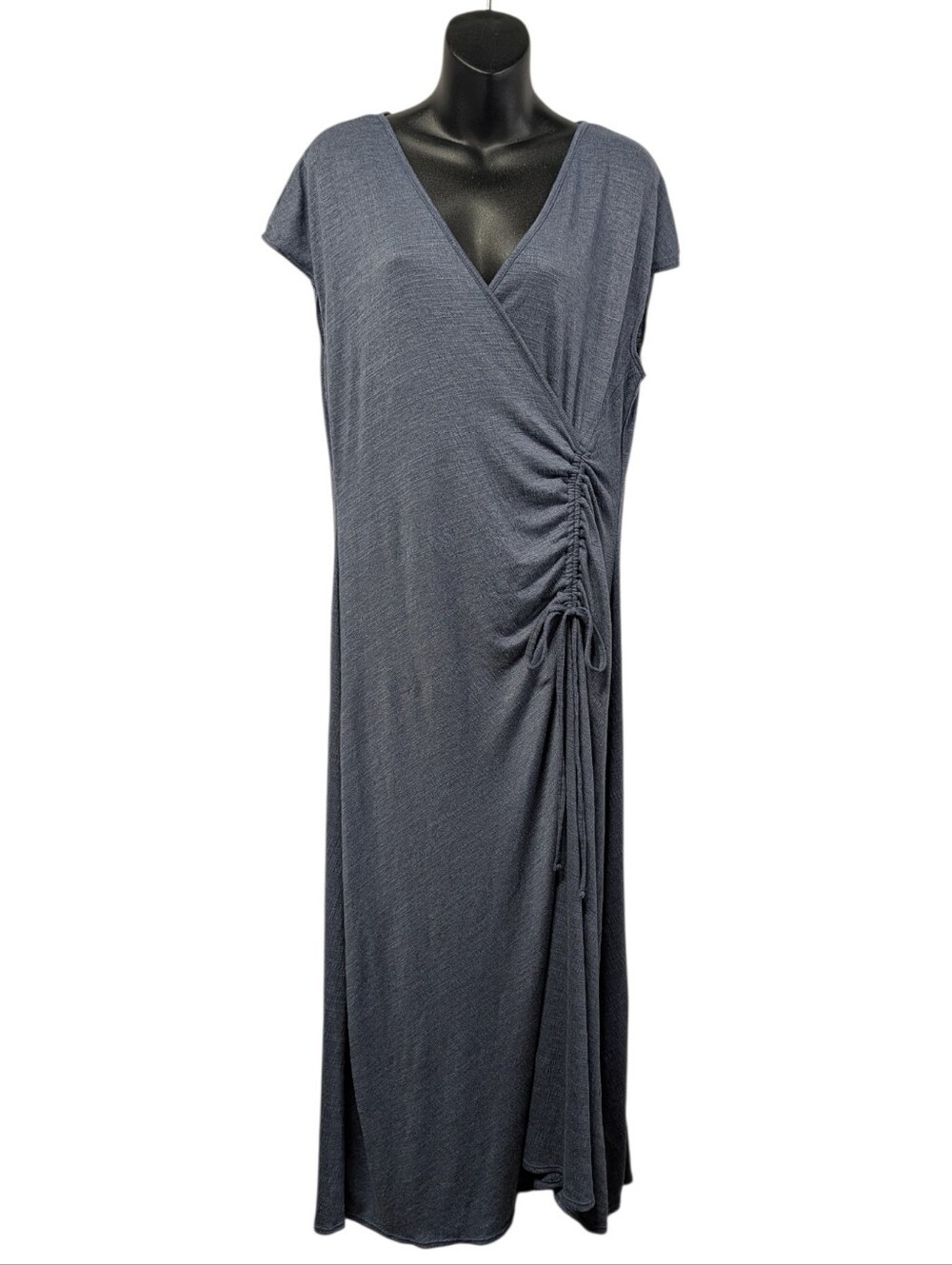 Max Studio Women’s Blue Wrap Maxi Dress XL Ruched Drawstring V-Neck Knit NWT
